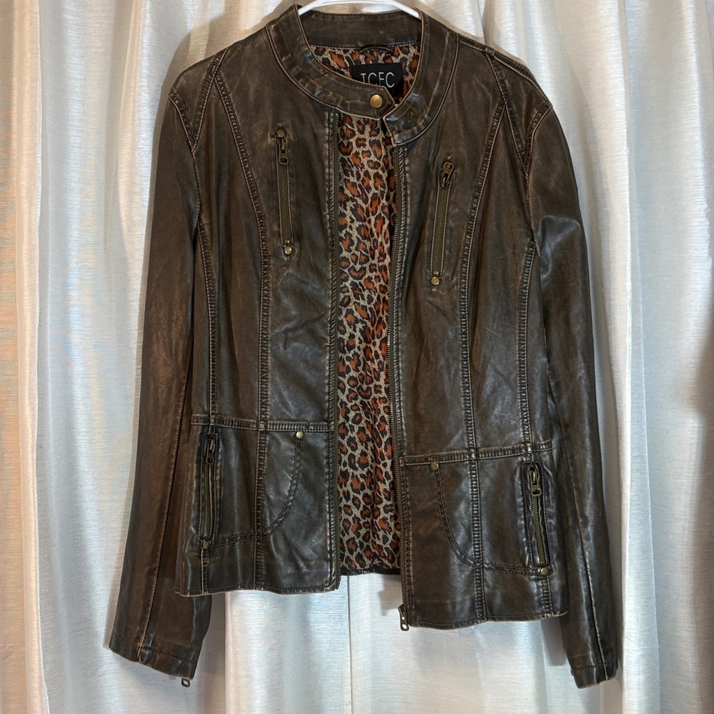 TCEC Peace of Mind Washed Brown Vegan Leather Moto  Jacket Street Plus size XXL - Picture 13 of 17